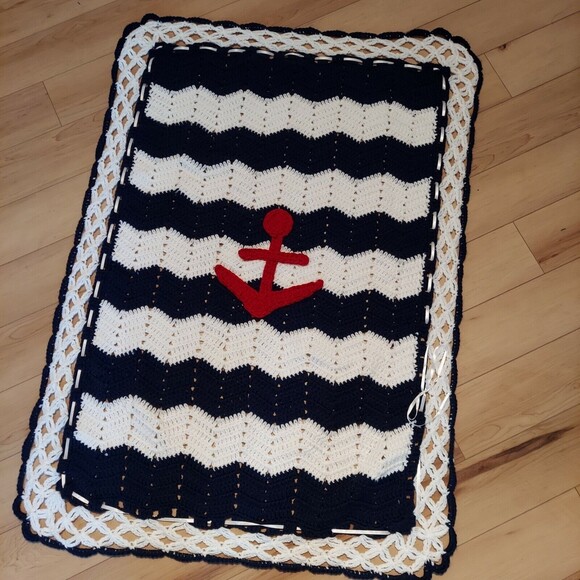 Crochet Blanket Throw Small 30x46 Red White Blue Anchor Nautical Sailor Beach - Picture 1 of 7